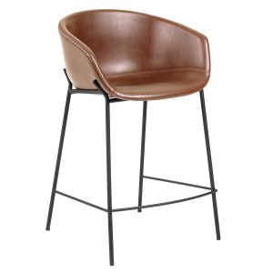 LAFORMA Zadine barstol, m. ryglæn, armlæn og fodstøtte - brun faux læder og sort stål (H:65cm)