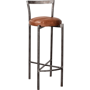 Portland barstol med rundt lædersæde - jern med klar lak og brun