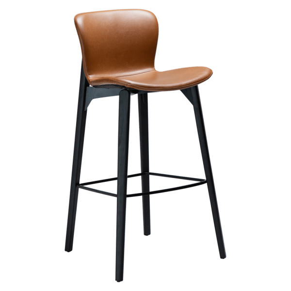 DAN-FORM Paragon barstol, m. ryglæn og fodstøtte - vintage lysebrun kunstlæder og sort asketræ