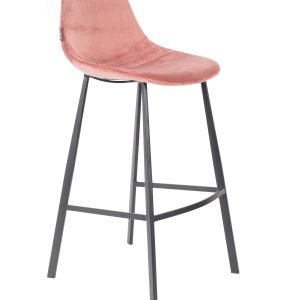 DUTCHBONE Franky barstol, m. ryglæn og fodstøtte - lyserød fløjl stof og sort stål (80cm)