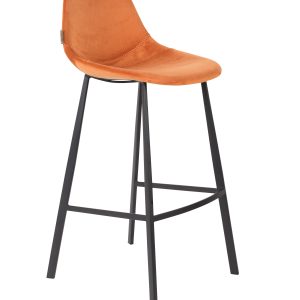 DUTCHBONE Franky barstol, m. ryglæn og fodstøtte - orange fløjl stof og sort stål (80cm)
