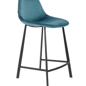 DUTCHBONE Franky barstol, m. ryglæn og fodstøtte - petrol fløjl stof og sort stål (65cm)
