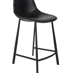 DUTCHBONE Franky barstol, m. ryglæn og fodstøtte - sort PU og sort stål (65cm)