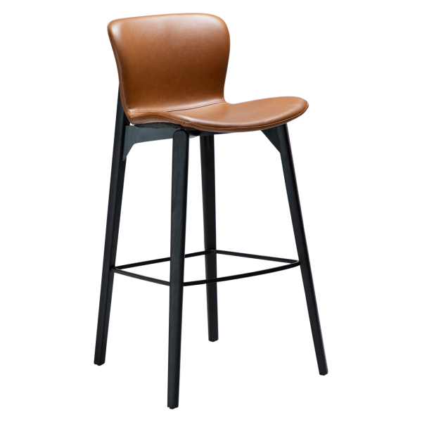 DAN-FORM Paragon barstol, m. ryglæn og fodstøtte - vintage lysebrun kunstlæder og sort asketræ