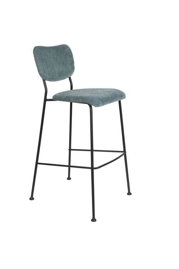 ZUIVER Benson barstol, m. ryglæn og fodstøtte - gråblå fløjl polyester/nylon og sort stål (75,5cm)