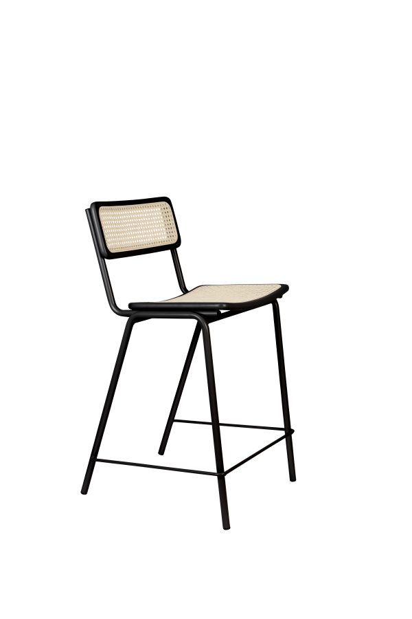 ZUIVER Jort barstol, m. ryglæn og fodstøtte - natur rattan og sort stål (66,5cm)