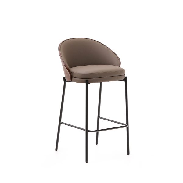 KAVE HOME Eamy barstol, m. ryglæn og fodstøtte - brun kunstlæder, brun askefinér, sort metal (65cm)