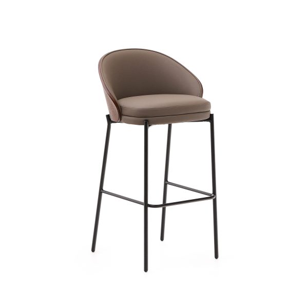 KAVE HOME Eamy barstol, m. ryglæn og fodstøtte - brun kunstlæder, brun askefinér, sort metal (75cm)