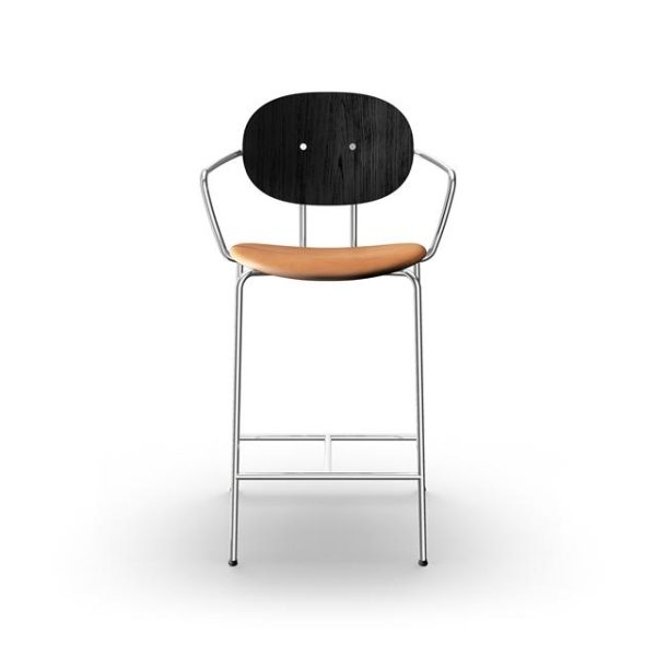 Sibast Furniture Piet Hein Barstol Krom med Armlæn Sort Egetræ og Cognac Læder
