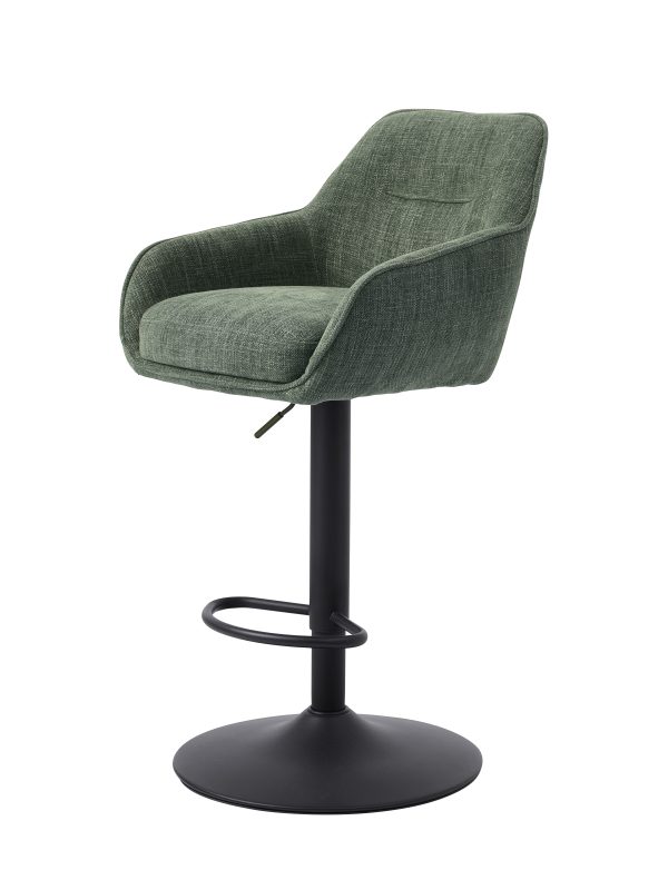 Avola Select barstol, m. ryglæn, armlæn, fodstøtte, trompetfod - skovgrøn polyester og sort stål