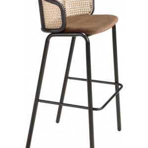 Barstol med ryglæn i stål, velour og rattan H95 cm - Sort/Brun/Natur