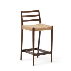 KAVE HOME Analy barstol, m. ryglæn og fodstøtte - natur papirsnor og valnøddefarvet egetræ (70cm)