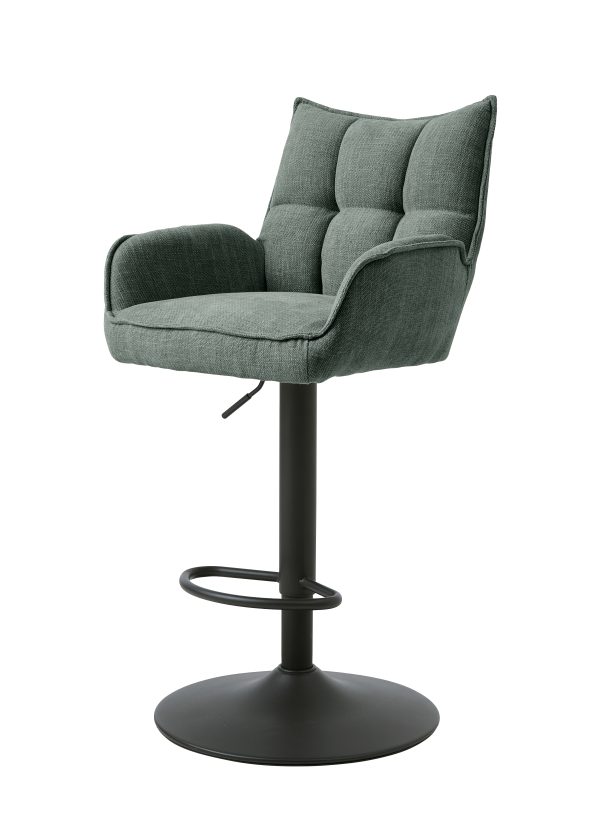 Marilla Select barstol, m. ryglæn, armlæn, fodstøtte, trompetfod - skovgrøn polyester og sort stål