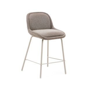 KAVE HOME Aimin barstol, m. ryglæn og fodstøtte - lysebrun chenille stof og beige stål (65 cm)