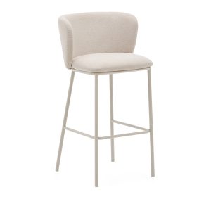 KAVE HOME Ciselia barstol, m. ryglæn og fodstøtte - beige chenille og beige stål (H:75cm)