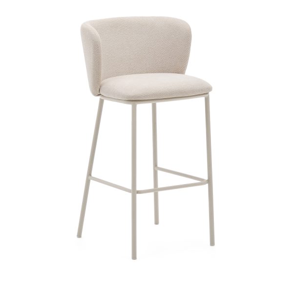 KAVE HOME Ciselia barstol, m. ryglæn og fodstøtte - beige chenille og beige stål (H:75cm)