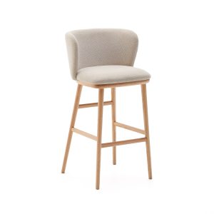 KAVE HOME Ciselia barstol, m. ryglæn og fodstøtte - beige chenille og natur asketræ (H:75cm)