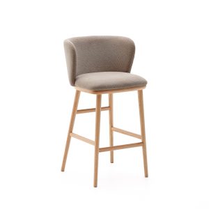 KAVE HOME Ciselia barstol, m. ryglæn og fodstøtte - brun chenille og natur asketræ (H:65cm)