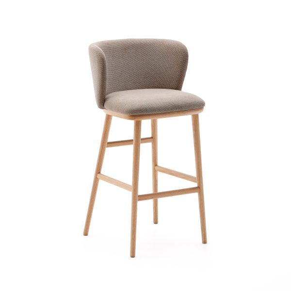 KAVE HOME Ciselia barstol, m. ryglæn og fodstøtte - brun chenille og natur asketræ (H:75cm)