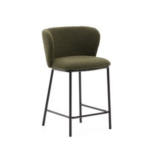 KAVE HOME Ciselia barstol, m. ryglæn og fodstøtte - grøn bouclé og sort stål (H:65cm)