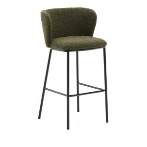 KAVE HOME Ciselia barstol, m. ryglæn og fodstøtte - grøn bouclé og sort stål (H:75cm)