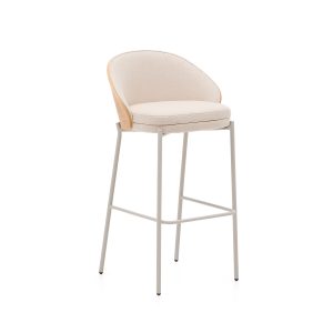 KAVE HOME Eamy barstol, m. ryglæn og fodstøtte - beige chenille, natur askefinér, beige metal (H:77)