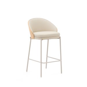 KAVE HOME Eamy barstol, m. ryglæn og fodstøtte - beige kunstlæder, natur askefinér, beige metal (65cm)