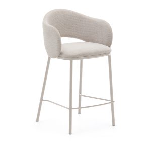 KAVE HOME Maina barstol, m. ryglæn armlæn, fodstøtte - beige chenille og beige stål (65cm)