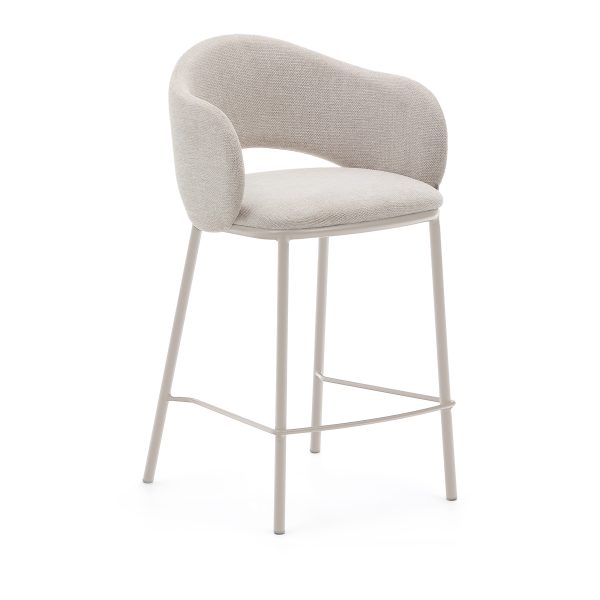 KAVE HOME Maina barstol, m. ryglæn armlæn, fodstøtte - beige chenille og beige stål (65cm)