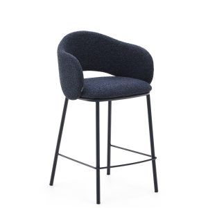 KAVE HOME Maina barstol, m. ryglæn armlæn, fodstøtte - blå chenille og blå stål (65cm)