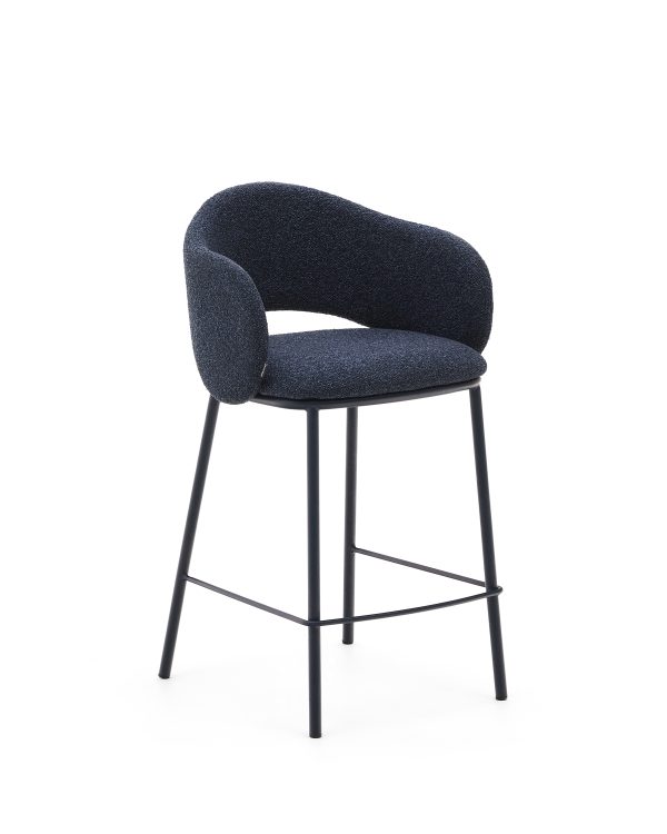 KAVE HOME Maina barstol, m. ryglæn armlæn, fodstøtte - blå chenille og blå stål (65cm)
