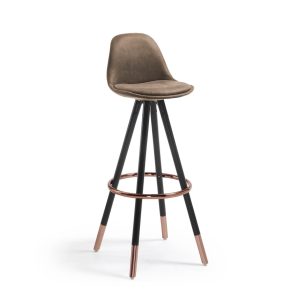 KAVE HOME Slad barstol, m. ryglæn og fodstøtte - brun kunstlæder og sort bøgetræ m. kobber (H:75cm)