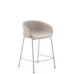 KAVE HOME Yvette barstol, m. ryglæn, armlæn og fodstøtte - beige chenille og beige stål (H:65cm)