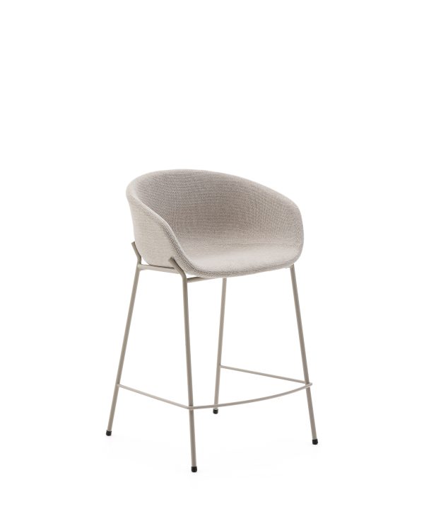 KAVE HOME Yvette barstol, m. ryglæn, armlæn og fodstøtte - beige chenille og beige stål (H:65cm)