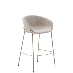 KAVE HOME Yvette barstol, m. ryglæn, armlæn og fodstøtte - beige chenille og beige stål (H:75cm)