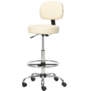 Barstol, højdejusterbar barstol med hjul lavet af kunstlæder arbejdsskammel kontorskammel 360Â° drejelig med ryglæn polstret beige 56 x 57 x 104-127 cm