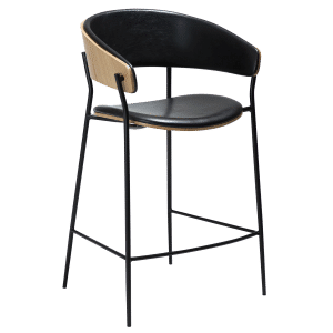 DAN-FORM CRIB barstol, m. ryglæn, armlæn - Vintage sort kunstlæder, egefiner og sort metal