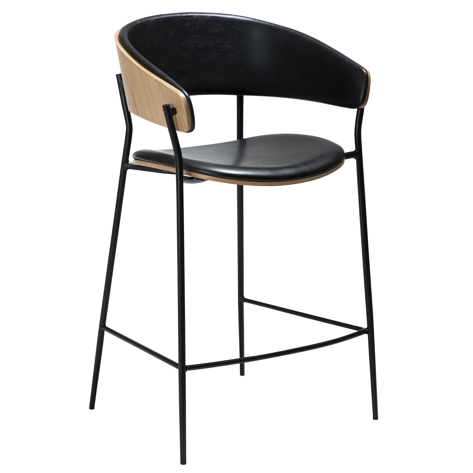 DAN-FORM CRIB barstol, m. ryglæn, armlæn - Vintage sort kunstlæder, egefiner og sort metal