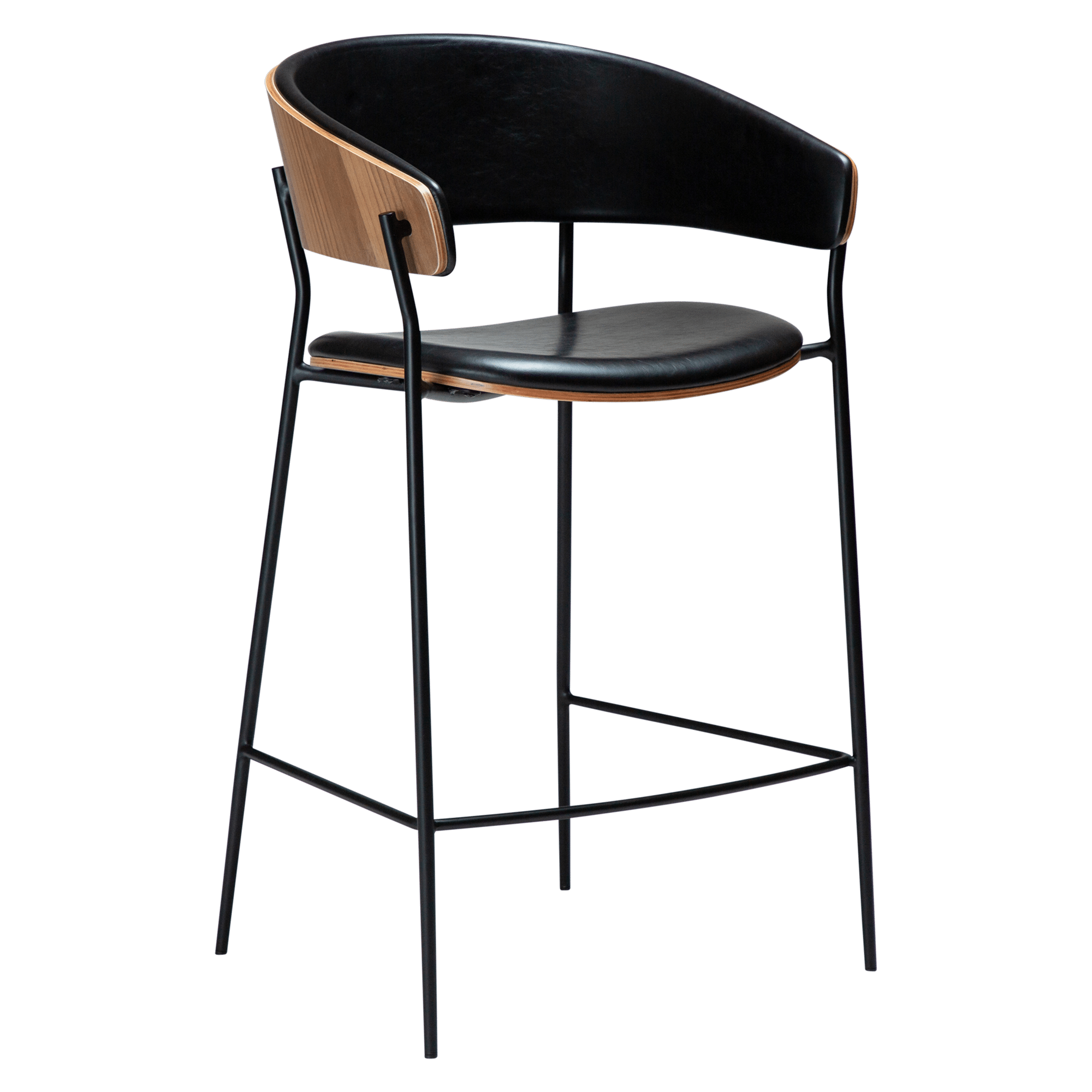 DAN-FORM CRIB barstol, m. ryglæn, armlæn - Vintage sort kunstlæder, valnøddefiner og sort metal