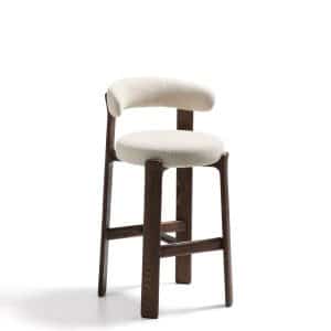 KAVE HOME Granit barstol, m. ryglæn og fodstøtte - beige chenille og valnøddefarvet asketræ (75)