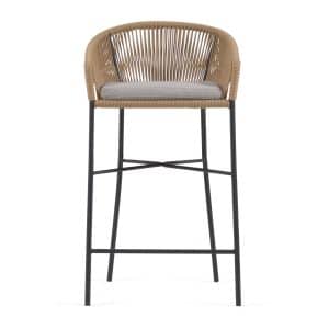 KAVE HOME Yanet barstol, m. hynde, armlæn og fodstøtte - beige snor og stål